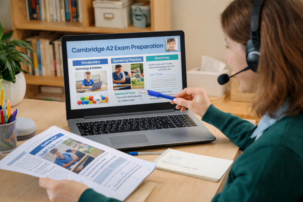 Student practicing A2 exam prep on a laptop.