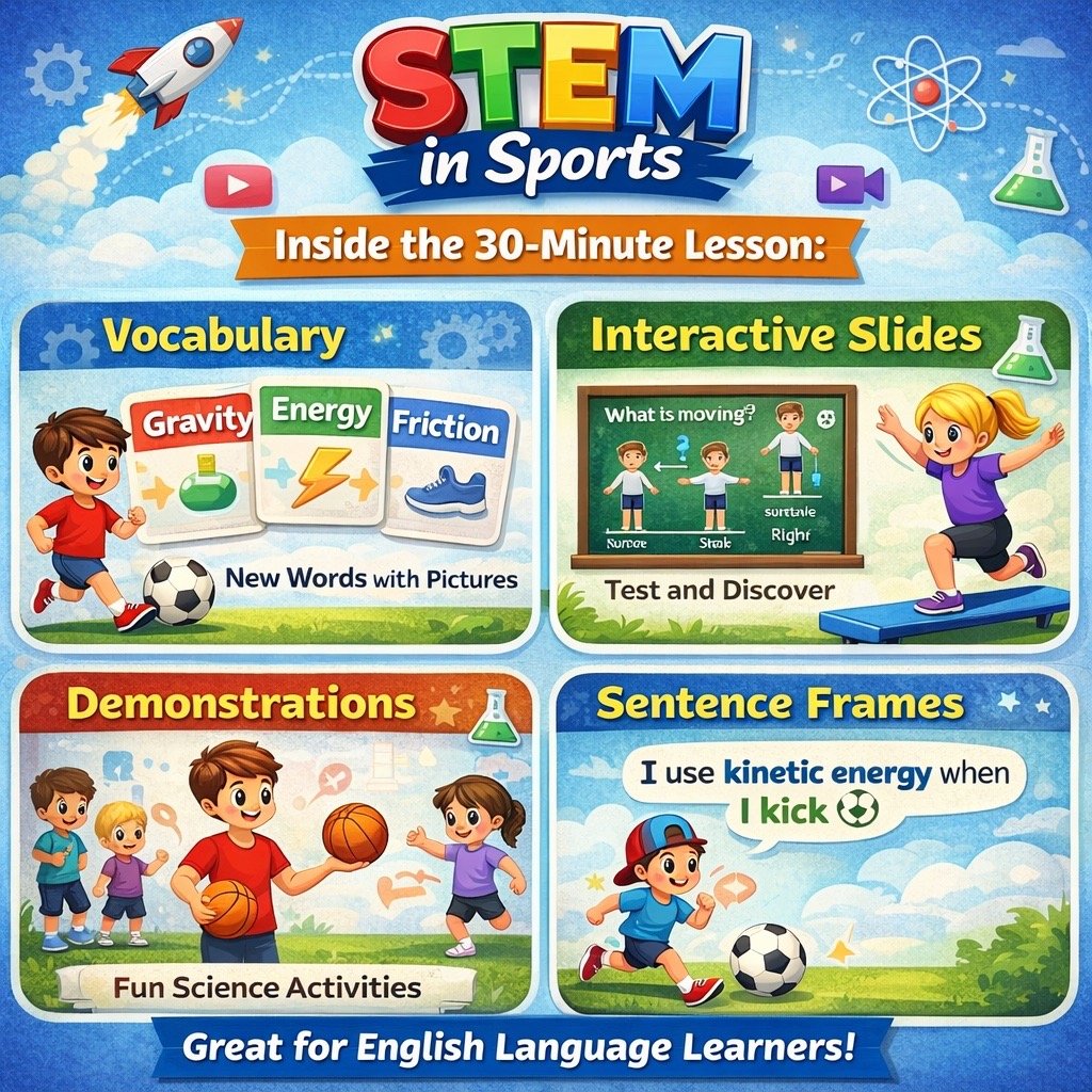 Inside the STEM in Sports 30-minute lesson showing vocabulary support, interactive slides, science activities, and sentence frames for ESL and elementary students.