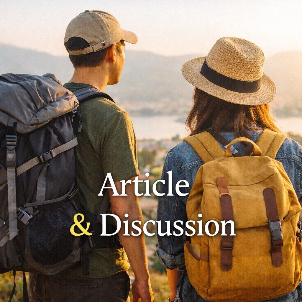 Two backpackers standing on a hill overlooking a coastal city at sunset with the text “Article & Discussion” overlaid.
