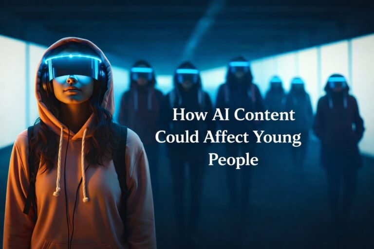 Teenage girl wearing a virtual reality headset in a digital environment with the title “How AI Content Could Affect Young People.”