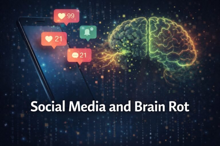 Smartphone with social media notifications connected to a glowing digital brain, illustrating the effects of social media on cognitive health.