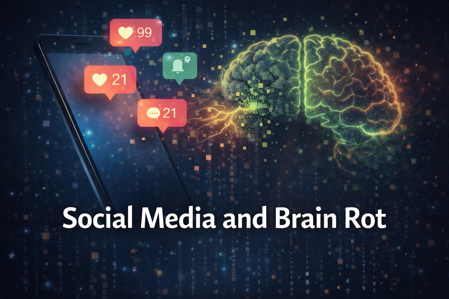 Smartphone with social media notifications connected to a glowing digital brain, illustrating the effects of social media on cognitive health.