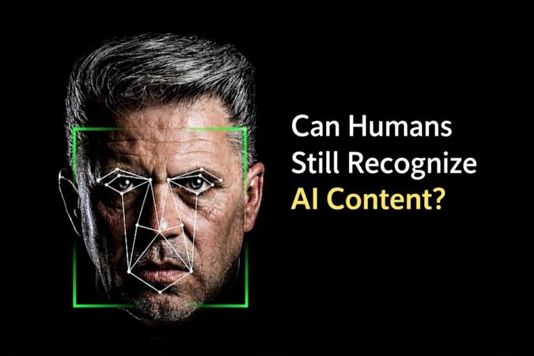 Man’s face scanned by facial recognition technology with geometric tracking lines and the text “Can Humans Still Recognize AI Content?”