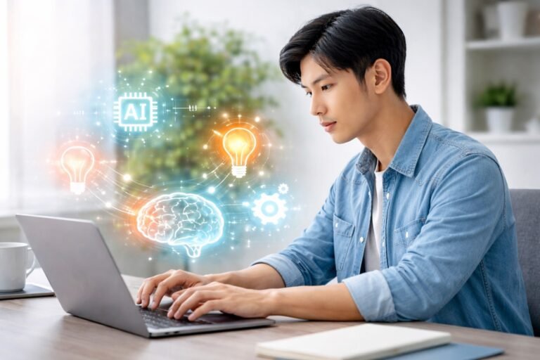 A man in side profile uses a laptop while AI icons like a brain, lightbulb, and microchip appear around him