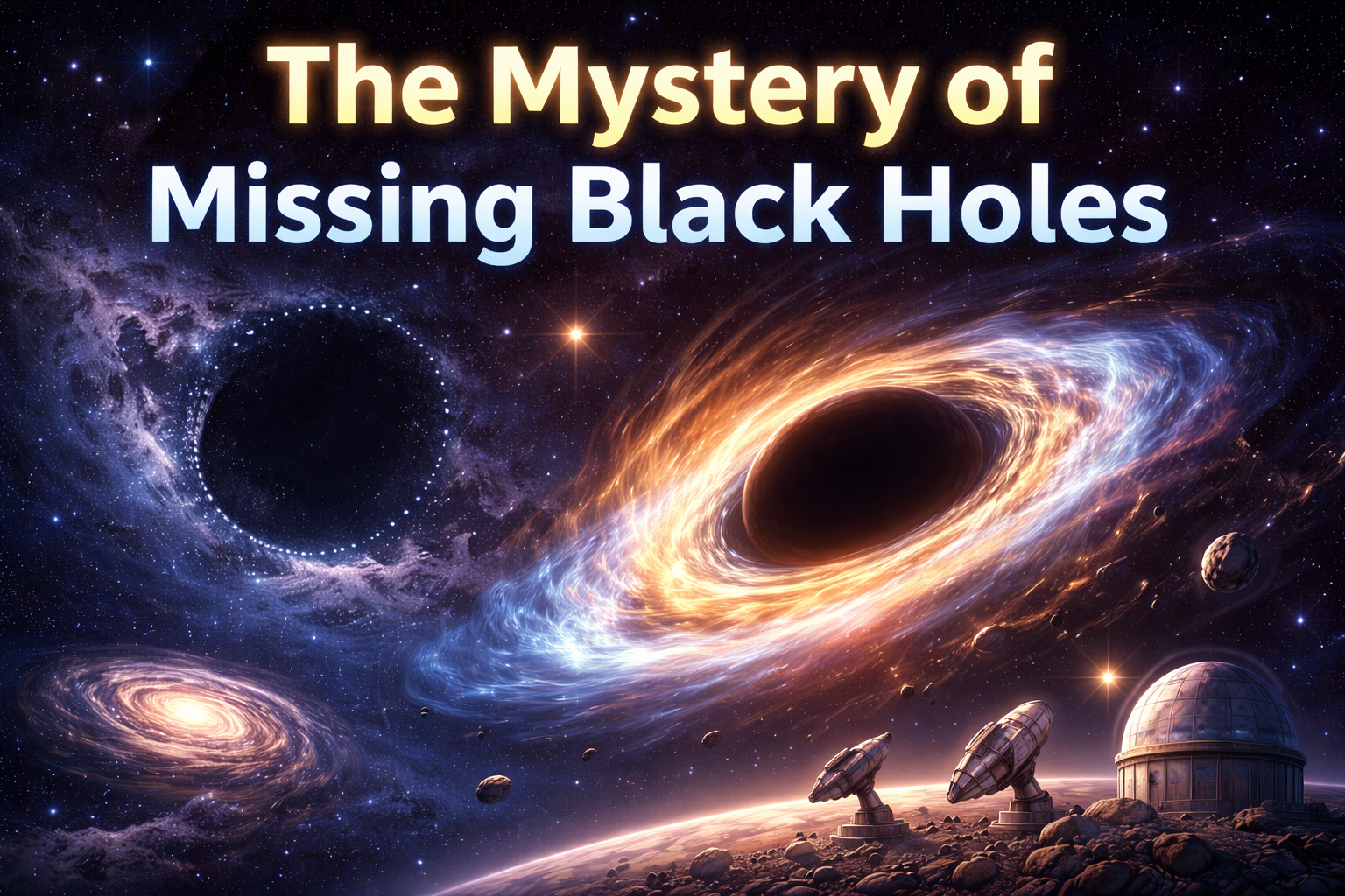 Illustration of black holes in space with glowing accretion disks and telescopes observing distant galaxies