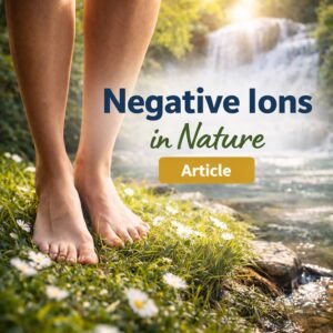 Barefoot person standing on grass near a waterfall representing negative ions in nature