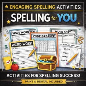Spelling for You lesson resource featuring engaging spelling activities such as word work, code breaker puzzles, word sorting, and sentence practice for ESL and elementary students.