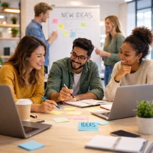 Young professionals collaborating in a modern office brainstorming ideas and developing multiple workplace skills