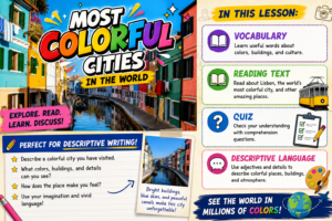 Brightly colored buildings lining a canal in a vibrant European city under a clear blue sky with a description of the lesson