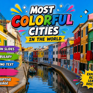 Brightly colored buildings lining a canal in a vibrant European city under a clear blue sky with