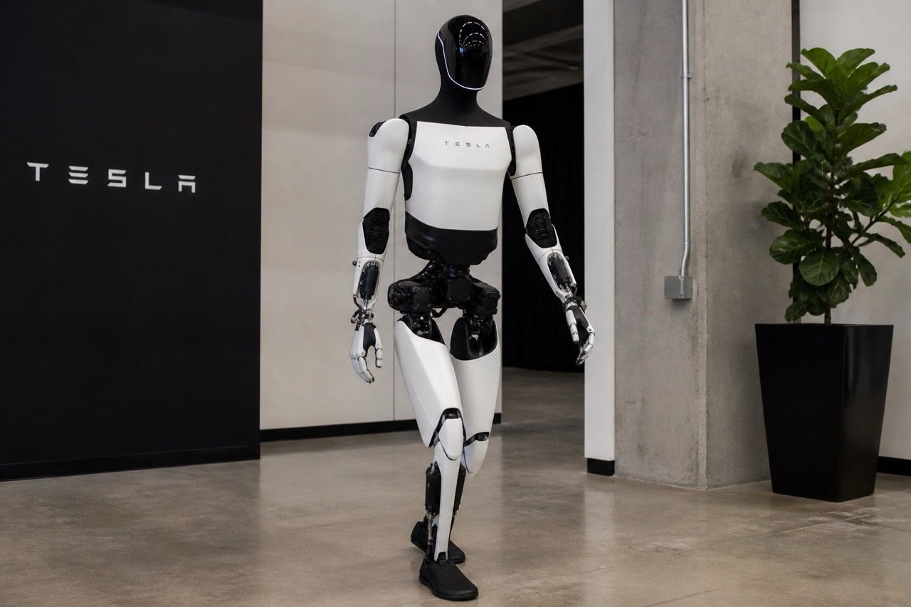 A humanoid robot standing in a modern indoor space with a sleek design