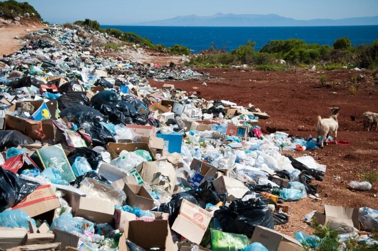 A large illegal dumping site filled with plastic waste and garbage near the coastline