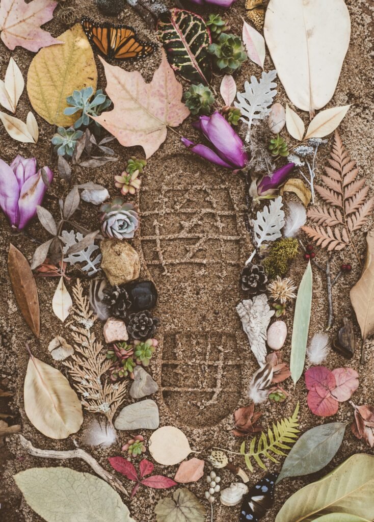 A footprint shape made from leaves, flowers, and natural objects on the ground