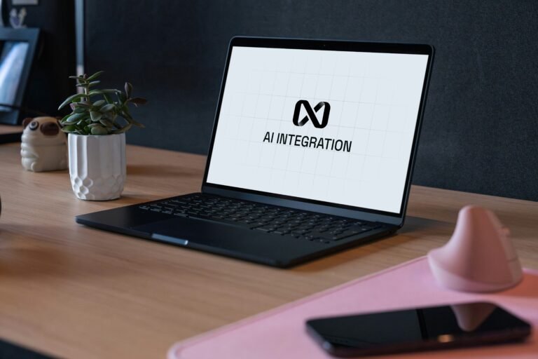 A laptop on a desk showing an AI integration screen in a modern workspace