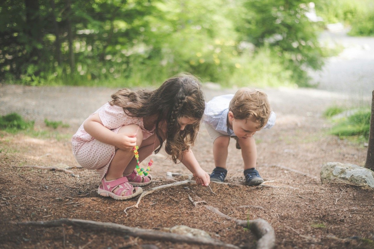 Two young children exploring nature together outdoors