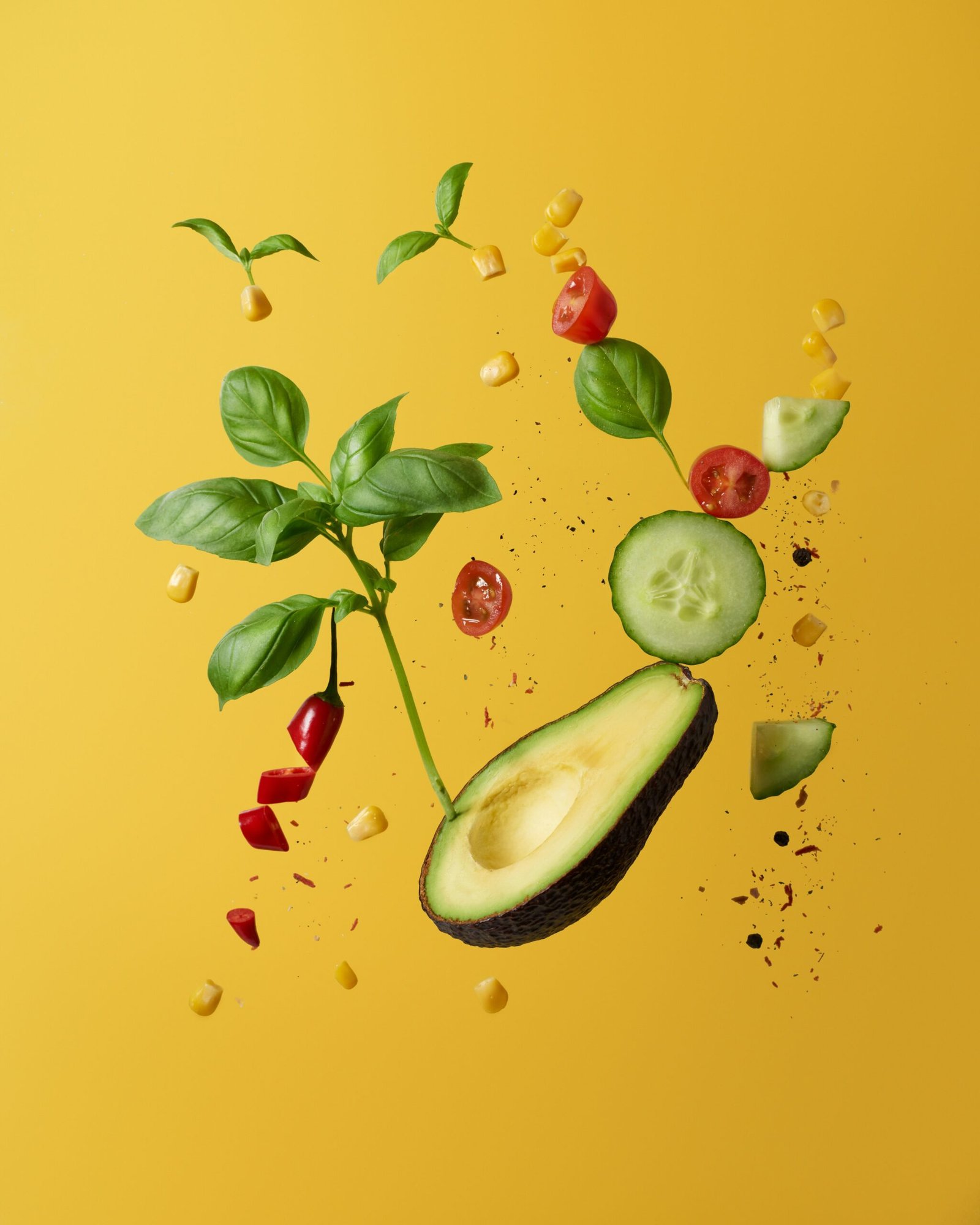 Fresh vegetables and herbs floating in the air against a yellow background