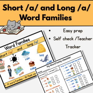 Short A and Long A word family phonics worksheets featuring decodable readers, flashcards, self-check activities, and teacher tracking tools for early readers.
