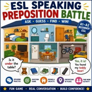 Preposition Battle ESL speaking activity for A1-A2 beginners.