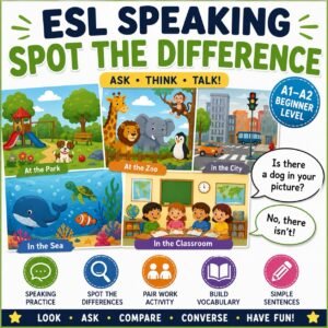 ESL Speaking Spot the Difference activity for A1–A2 beginner students featuring picture comparison, vocabulary practice, and speaking questions.