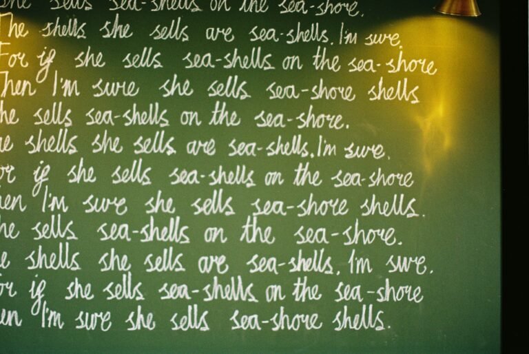 Chalkboard displaying the famous English tongue twister “She sells seashells by the seashore” written in cursive handwriting.