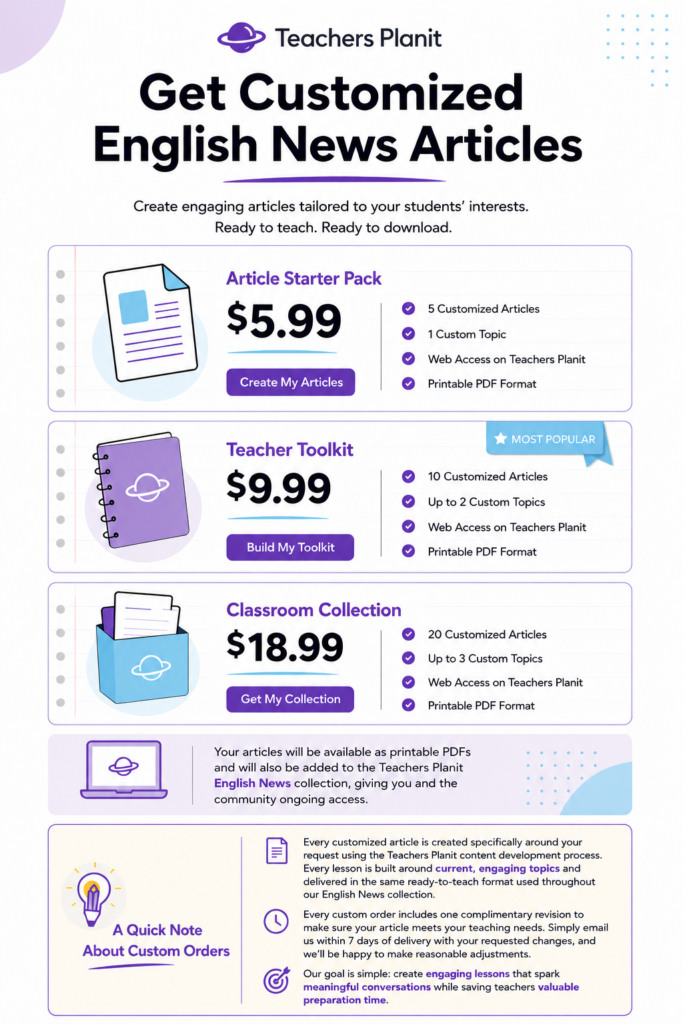 Customized English Articles for ESL Teachers, customizable article packages with pricing, features, and ready-to-teach lesson options for ESL teachers.