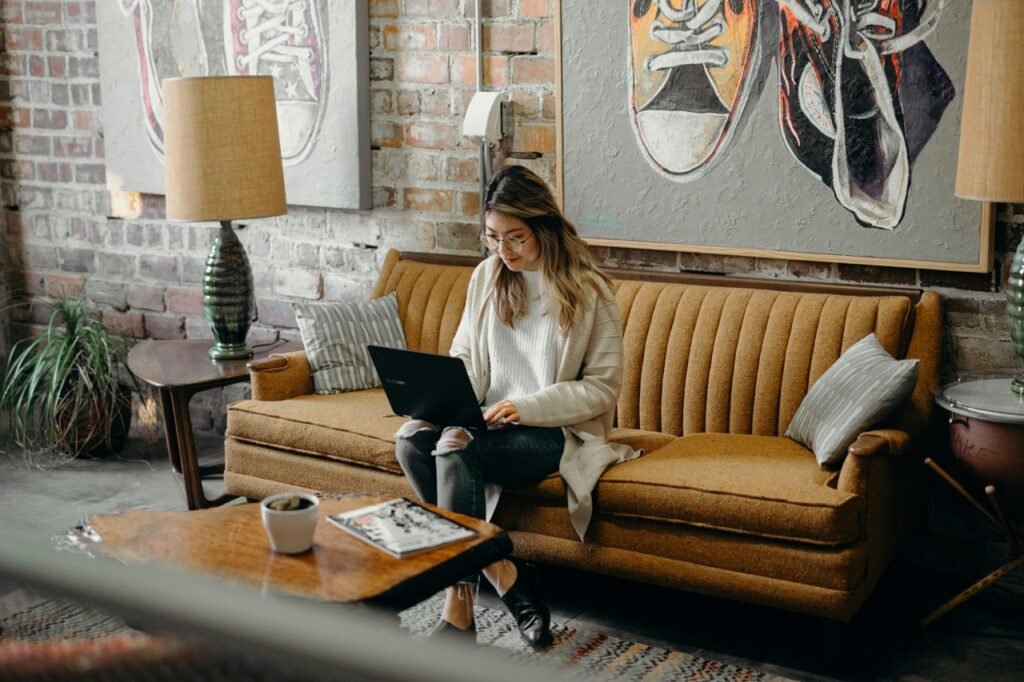 Professional woman working on a laptop from home