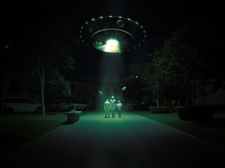 Family watching a glowing unidentified object in the night sky