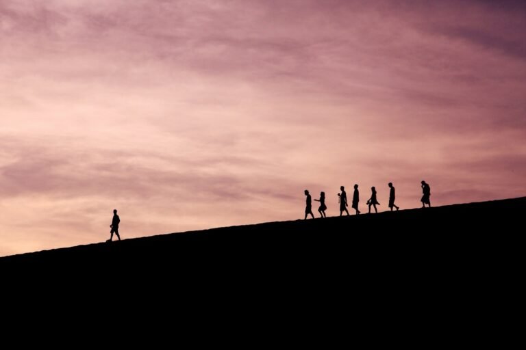 Silhouettes of people walking together along a hill at sunset with natural leader in front