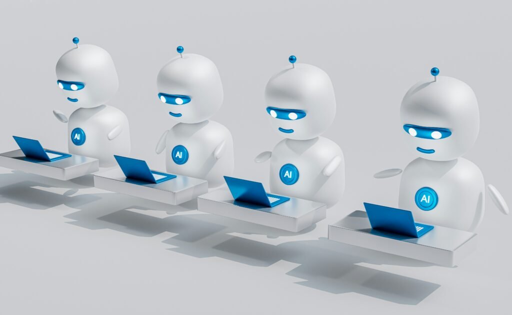 Illustration of four robots with laptops, each labeled "AI," representing AI use in email writing