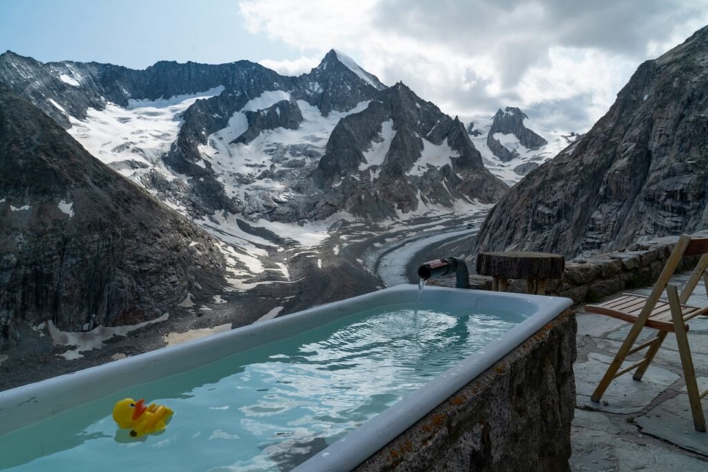 Outdoor Cold Bath overlooking snow-covered mountains