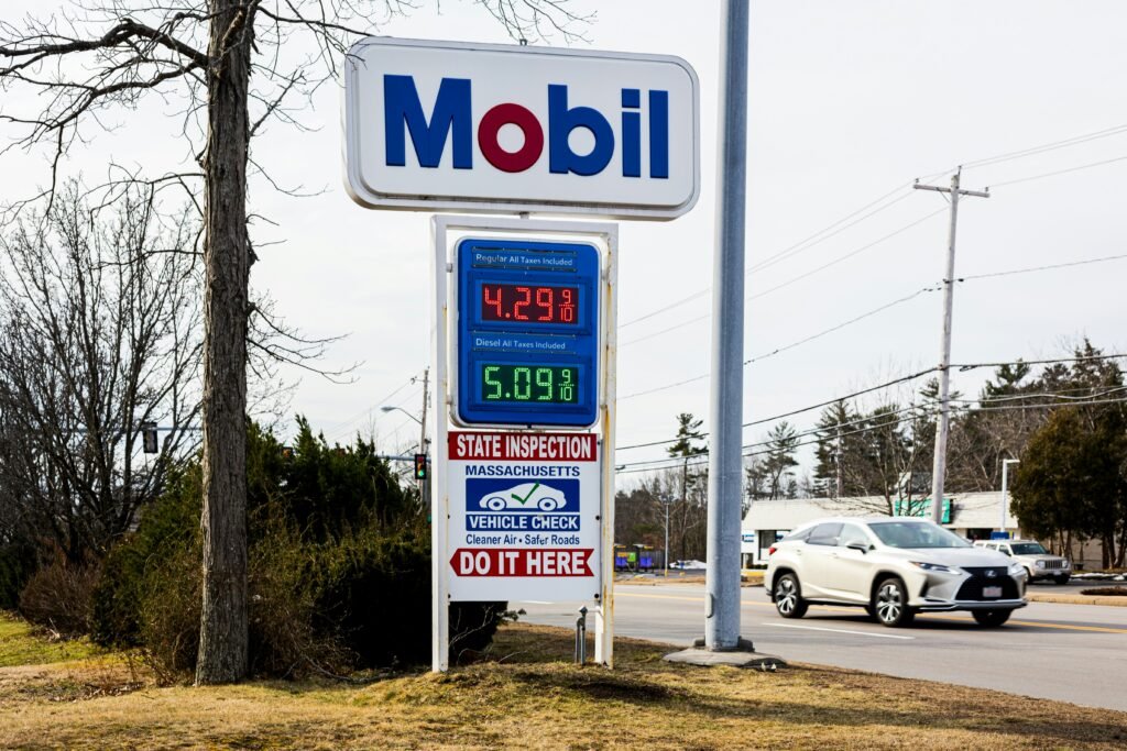 Mobil gas station showing high gas prices. Gas is one thing that can cause inflation.