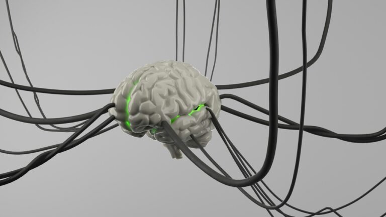 3D illustration of a human brain connected to multiple cables