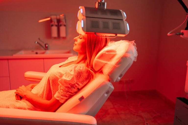 Athlete receiving red light therapy in a clinical treatment room