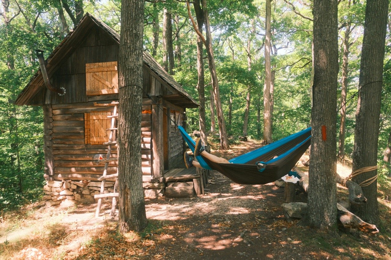 Wooden cabin and hammock in a peaceful forest setting, illustrating the idea of taking a break from digital devices.