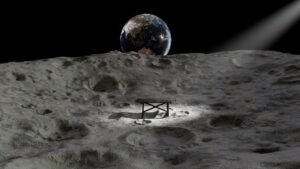 Illustration of Earth rising above a cratered Moon surface, with a small table lit by a spotlight, imagining a permanent Moon base