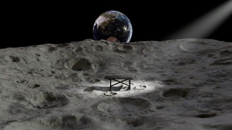 Illustration of Earth rising above a cratered Moon surface, with a small table lit by a spotlight, imagining a permanent Moon base