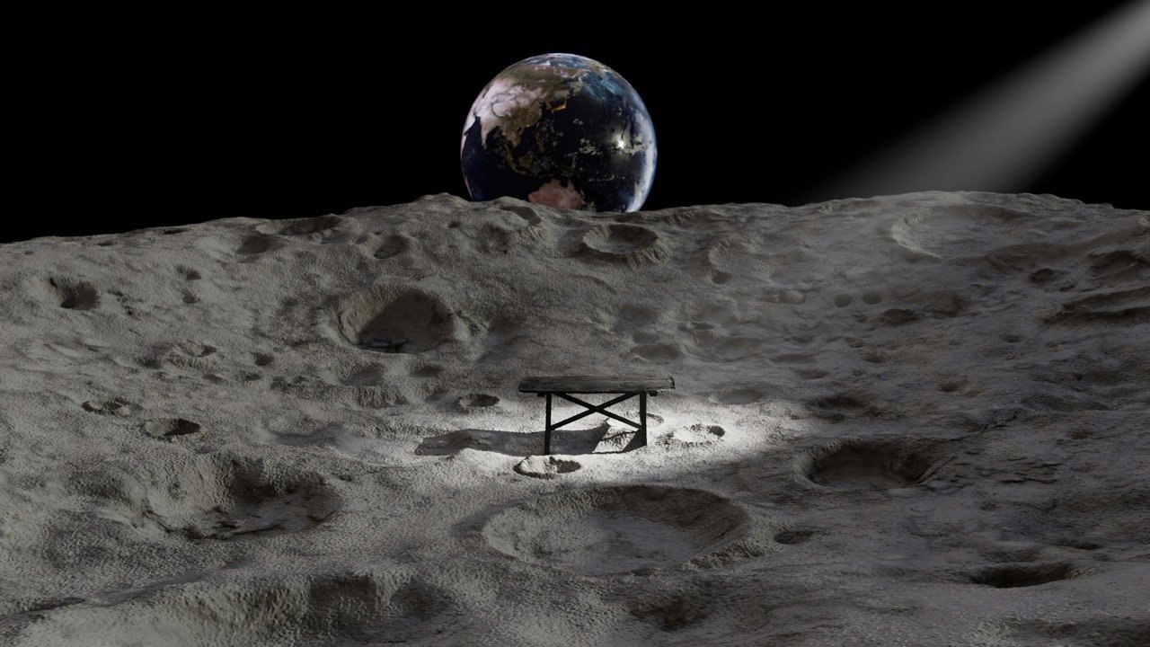 Illustration of Earth rising above a cratered Moon surface, with a small table lit by a spotlight, imagining a permanent Moon base